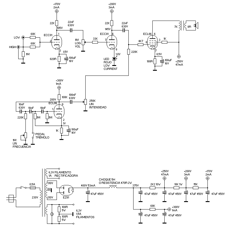 Esquema del amplificador de guitarra de válvulas con trémolo con ECC81, ECL86 y EZ81