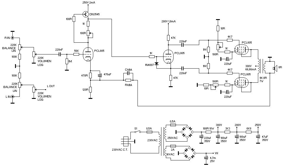Esquema del amplificador con PCL805